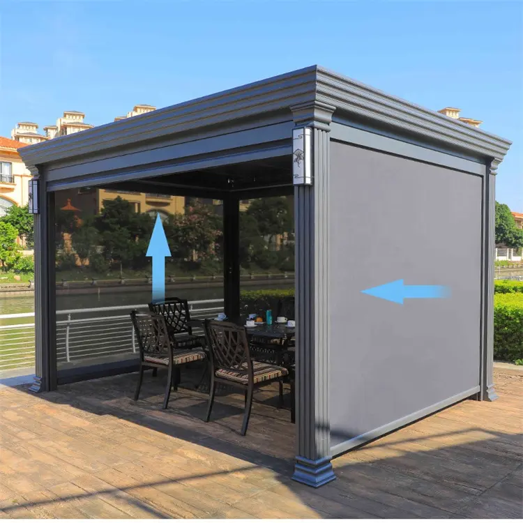 China Waterproof Aluminum Sunproof Gazebo Motorized Movable Outdoor Louver Side Blinds Blade Shutter Roof Pergola System Designs