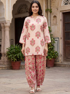 Ensemble Kurta court en coton imprimé floral rose pour femme, coupe régulière, longueur genou, style traditionnel décontracté, séchage rapide, style Inde Pakistan - Product Image 6