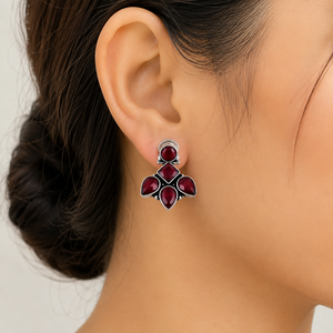 Fashion <b>Red</b> Gemstone Bezel Setting Stud <b>Earrings</b> Floral Statement Silver Plated Vintage Party Jewelry for Women Wholesale - Product Image 1