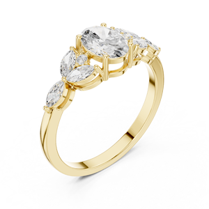 Bague de fiançailles en or jaune avec moissanite taille ovale et pierres latérales marquise, grappe florale, pour femme, bijoux personnalisés - Product Image 4