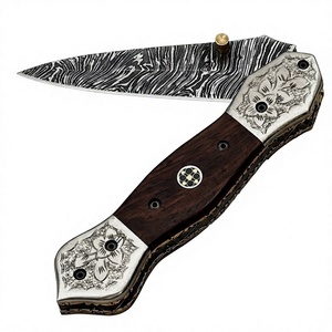 Couteau pliant artisanal DIY en acier Damas à lame coulissante, avec étui en cuir OEM, pour la chasse, le camping et la survie, lame Drop Point - Product Image 1