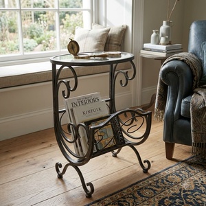 Custom Wrought Iron Magazine Rack Side <b>Table</b> with Glass <b>Top</b> Metal Book <b>Stand</b> <b>Display</b> Shelves - Product Image 3
