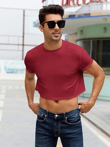 T-shirt court pour homme, rouge, manches courtes, col rond, couleur unie, décontracté, tricoté, coupe ajustée - Product Image 1