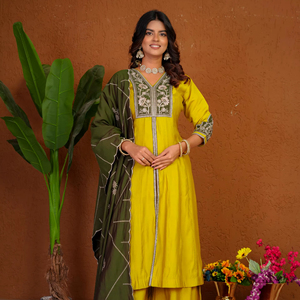 Elegante Conjunto Étnico Anarkali Kurti con Bordado y Pantalones Palazzo Acampanados - Product Image 1