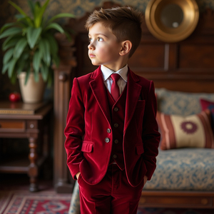 Ensemble de costume 3 pièces en velours bordeaux pour garçons, idéal pour mariage, porte-alliances, smoking formel avec blazer, gilet, pantalon et nœud papillon - Product Image 3