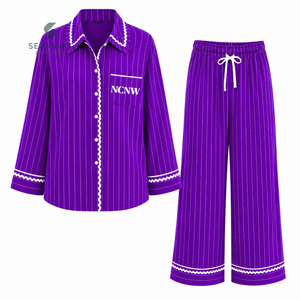 NCNW Sorority Women's Striped Pajama Set Button Front Long Sleeve Sleepwear Contrast Trim Lounge <b>PJs</b> With Drawstring Pants - Product Image 1