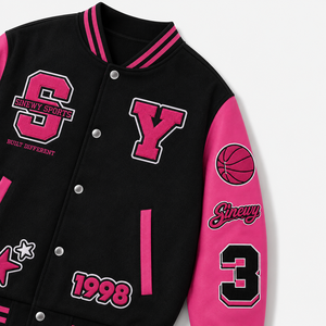 SINEWY SPORTS <b>Men's</b> Black Pink Varsity <b>Jacket</b> Embroidered Letterman Baseball Style Casual Outerwear - Product Image 4
