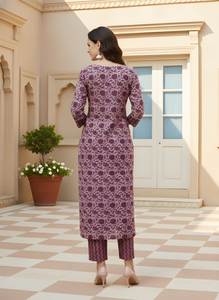 Conjunto de Kurta y Pantalón Recto de Algodón Morado Estampado, Cuello Redondo, Largo hasta la Pantorrilla, Traje Étnico de Uso Diario para Mujer, Tallas M, L, XL, XXL - Product Image 4