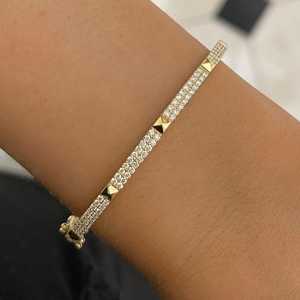 14K 18K Solid Gold Diamond Studded Pyramid Bangle <b>Bracelet</b> Lab Grown Pave Set Hinged <b>Cuff</b> Modern Stacking Fine Jewelry Bulk - Product Image 2