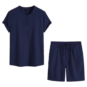 Conjunto de Camisa de Manga Corta y Pantalones Cortos de Algodón Blanco para Hombre, Traje Casual de Verano Transpirable de Dos Piezas, Tejido de Color Sólido - Product Image 3