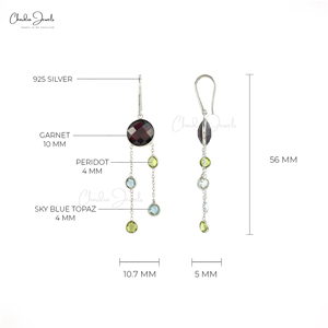 Triple Gemstone Dangle/Drop <b>Earrings</b> Peridot <b>Garnet</b> Topaz High Polish Finish Long Dangle Wedding Party Fine Jewelry Supplier - Product Image 3