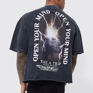 เสื้อยืดผู้ชายไซส์ใหญ่คุณภาพสูง สีดำฟอกกรด ผ้าฝ้าย 100% ดีไซน์ชายเสื้อแบบดิสเทรส สตรีทแวร์ ทรงไหล่ตก พิมพ์ลาย DTG - Product Image 5