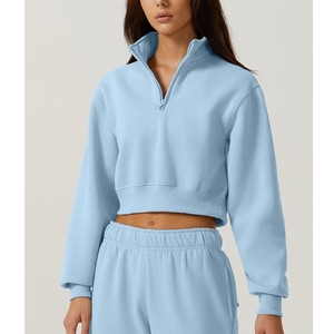 Sudadera de punto azul claro para mujer, cuello alto, manga larga, color liso, estilo crop, con media cremallera, para otoño, precio de fábrica 2026, ODM - Product Image 3