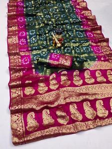 Premium Art Silk Bandhani Gharchola Pattern <b>Saree</b> for Women Traditional Gujarati Bandhej Design Ethnic Wear Rich Zari Checks - Product Image 3