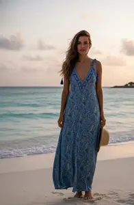 Vestido Largo de Verano con Estampado y Cuello en V para Mujer, Estilo Bohemio, Espalda Descubierta, Vestido Maxi de Seda para la Playa o la Noche - Product Image 2