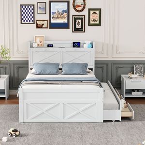 Letto matrimoniale in legno bianco con testiera contenitore e prese, letto estraibile singolo allungabile con tre cassetti contenitore - Product Image 3