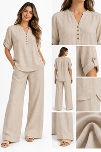 ผู้ผลิตเสื้อผ้า OEM มืออาชีพ - ชุดเสื้อ Henley สีเบจและกางเกงขายาวระบายอากาศดี ขายส่ง - Product Image 4