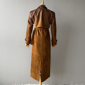 Manteau trench unisexe en cuir véritable, long, col montant, manches longues, respirant, coupe-vent, vêtement d'extérieur décontracté pour l'hiver, polyester - Product Image 4