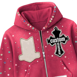Sweat à capuche unisexe tendance streetwear surdimensionné avec fermeture éclair et strass personnalisés, en tissu 100% coton - Product Image 5