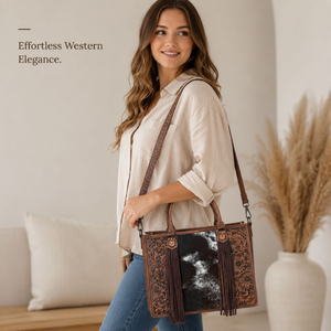 Hand Tooled Genuine Leather Hair On Cowhide Bag for Women Western Floral Hand bag Fringe Shoulder <b>Purse</b> with Adjustable Strap - Product Image 3