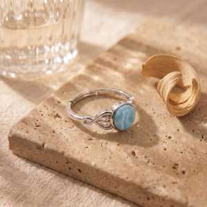Vente en gros de bagues fines en argent sterling 925 avec pierre précieuse Larimar ronde et moissanite, bijoux religieux pour femmes, prix d'usine - Product Image 4