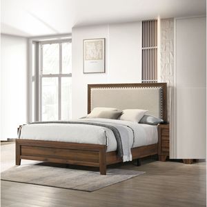 Bellissimo letto matrimoniale con pannelli, finitura marrone ciliegio, testiera imbottita in tessuto con borde decorato con borchie, mobili da camera da letto in legno - Product Image 1