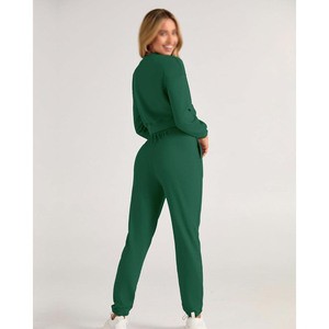 Ensemble de survêtement vert pour femmes, sweat-shirt à col rond à manches longues, pantalon à cordon de serrage, couleur unie, vêtements décontractés d'automne, 100% coton - Product Image 6
