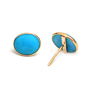 Natural Turquoise Oval Stud <b>Earrings</b> in Solid 14K Yellow Gold Bezel Set Gemstone Cabochon <b>Posts</b> – Luxury December Birthstone - Product Image 2