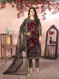 Embroidered Net Semi-Stitched Indian Ladies Wedding Wear Salwar Suit-Ethnic Knee-Length Regular Fit - Product Image 4