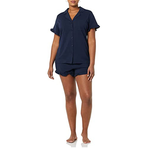 Conjunto de 2 Piezas para Mujer, Color Azul Marino, Camiseta de Manga Corta con Botones, Corte Holgado, Informal, Primavera-Verano, Algodón y Fibra de Bambú, Color Sólido - Product Image 2