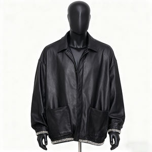 Blouson Bomber en Cuir PU pour Homme, Orné de Strass en Cristal, Col Montant, Fermeture Éclair, Style Urbain - Product Image 3