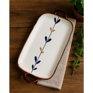 Natural Mango Wood Round Serving <b>Tray</b> with Enamel Inlay & Cutout Handles, <b>Large</b> Decorative Ottoman Coffee Table <b>Tray</b> for Home - Product Image 2