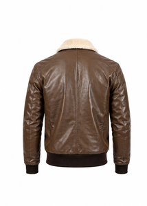 Veste bomber en cuir véritable marron pour homme CHAMP KING avec col en fourrure et fermeture éclair - Product Image 5