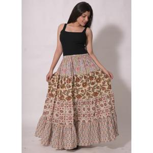 กระโปรงยาวสไตล์วินเทจผ้าฝ้ายปะติดปะต่อพิมพ์ลายบล็อก โบโฮ แม็กซี่สเกิร์ต ทำมือสำหรับผู้หญิง ใส่ไปงานเทศกาล ดีไซน์จีบ ซักได้ - Product Image 5