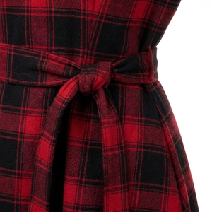 Vestido midi casual de verano transpirable a cuadros rojos y negros de manga corta con corte acampanado para mujer - Product Image 4