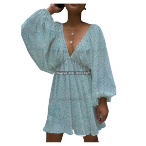Robe de soirée élégante et sexy pour femme, col en V profond, imprimé coloré, style lanterne, haute qualité, collection été 2026, vente en gros - Product Image 1