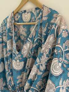 Caftán de algodón con estampado floral hecho a mano, vestido de playa estilo bohemio indio, vestido largo de algodón puro suave para mujer, ropa de dormir. - Product Image 4