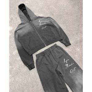 Survêtements pour hommes personnalisés, imprimés, avec patchs brodés effet vieilli, respirants, ornés de strass, en coton épais délavé à l'acide, écologiques - Product Image 1