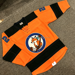 Maillot de hockey sur glace personnalisé pour homme, sublimé, blanc, bleu, orange, respirant, éco-responsable, en maille, col en V, manches longues, polyester, personnalisable - Product Image 3
