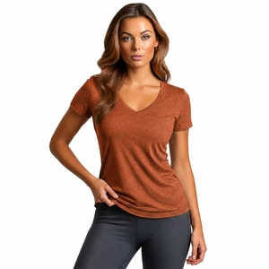 T-shirt à col en V pour femmes, manches courtes, couleur unie, tricoté, respirant, coupe ajustée, vêtements décontractés, toutes saisons, orange - Product Image 4