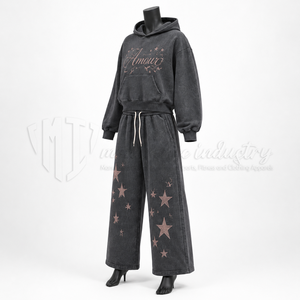 Conjunto de chándal de 2 piezas para mujer: Sudadera con capucha oversize lavada y pantalones de pierna ancha con estampado de estrellas, estilo casual urbano. - Product Image 3