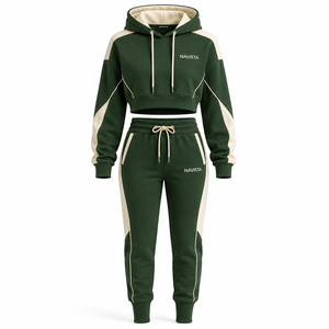 Women's New Quality 100% Cotton Fleece Streetwear Crop <b>Top</b> Short Set Zip-Up Hoodie Tracksuit Winter Sports Clothing - Product Image 2