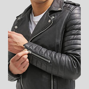 Blouson de motard personnalisé pour homme en cuir véritable noir, manches matelassées, coupe ajustée, en peau de mouton souple, style streetwear - Product Image 1