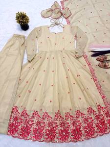 Cream Anarkali Suit Embroidered <b>Indian</b> Pakistani <b>Top</b> Long Coat Set With Dupatta for Wedding Party - Product Image 6