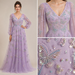 Vestidos de noche de lujo con bordado de lavanda, diseño de mariposa, manga larga, vestido de tul natural |   Ropa Elegante para Fiestas, OEM Privado - Product Image 2