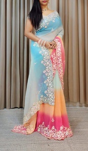 ผ้าซารีดีไซน์ใหม่จาก Fatema Fashion ผ้าจอร์เจตต์ปักลายแฟนซีด้วยงานปักดิ้นทอง พร้อมผ้าคลุมไหล่แบบ C-Pallu ประดับเลื่อม เหมาะสำหรับงานปาร์ตี้ - Product Image 5