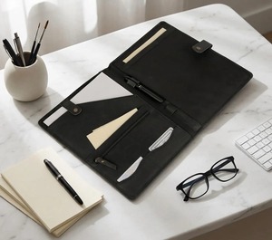 Vintage Leather Portfolio <b>Folder</b> Professional Resume Organizer Document Holder Business <b>Card</b> Case Writing Pad for Office Use - Product Image 5