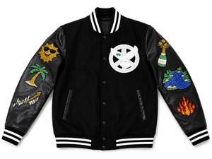 <b>Men</b> American Letterman Baseball School Team Varsity <b>Jacket</b> Black Real Leather Sleeves Black/<b>White</b> Lines - Product Image 1