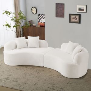 Divano Compatto Curvo a Quattro Posti Bianco per Spazi Ristretti, in Tessuto Teddy Vellutato con Spugna a Compressione Totale, Nessun Montaggio Richiesto, per Soggiorno - Product Image 5