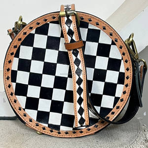 Sac à bandoulière rond en cuir véritable fait main par le fabricant avec motif à carreaux, sac à main de créateur pour femme - Product Image 4
